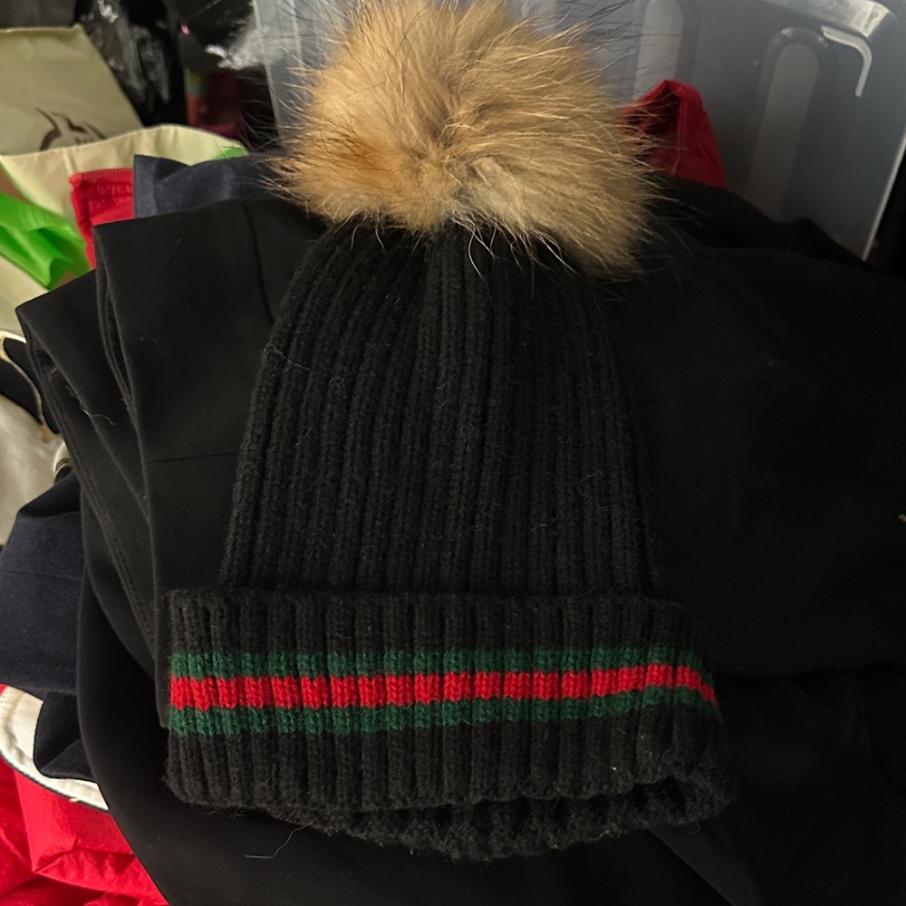 Black Knit Beanie with Fur Pom Pom